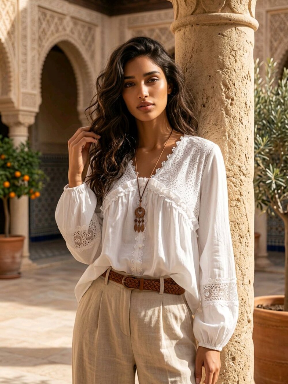 A Very Chic Women's White Lace Yoke Peasant Blouse